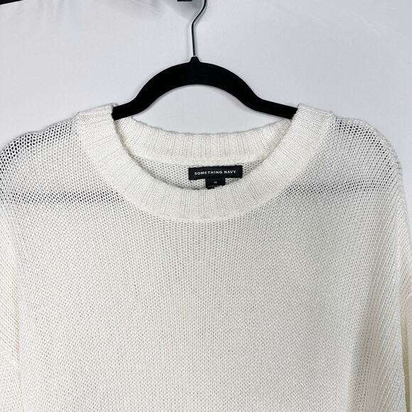 Something Navy Medium M Subtle Sheen Crew Neck Sweater Ivory Cream Long Sleeve - Picture 3 of 9